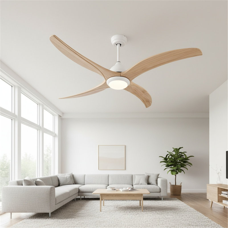 Ventilateur de plafond en bois massif de 52 pouces avec lumière, télécommande à 6 vitesses et moteur réversible silencieux