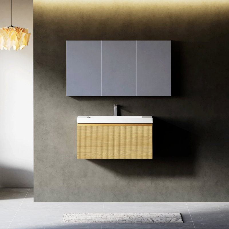 Meuble-lavabo de salle de bain mural avec tiroirs à fermeture en douceur, Chêne bois naturel / blanc cassé