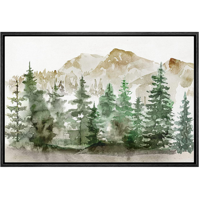 Green Watercolor Mountain Pine Tree Forest Nature Landscape Rustic Wall Art Work Framed Canvas Print, Black