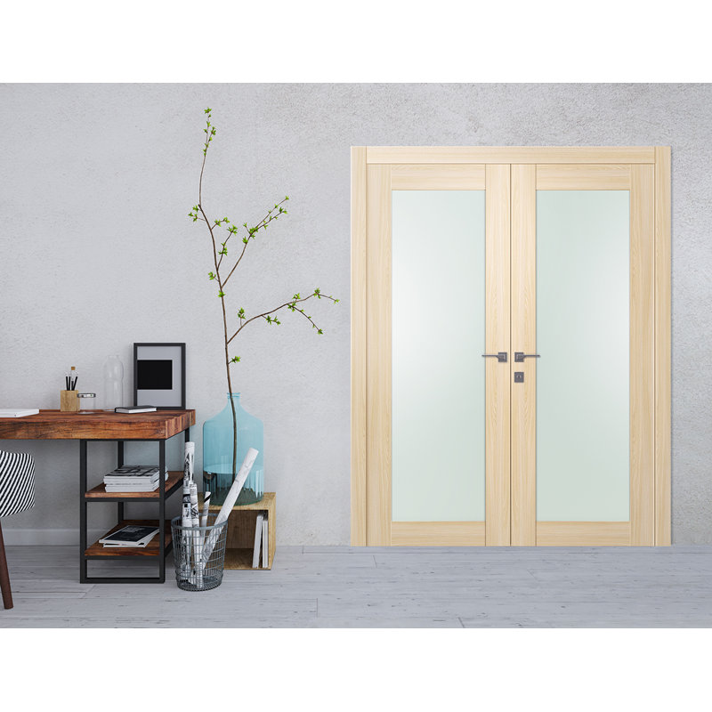 Avon 207 Solid Manufactured Wood and Glass Frosted Prefinished Standard French Door, Reversible, Loire Ash, 47.75" x 79.37"