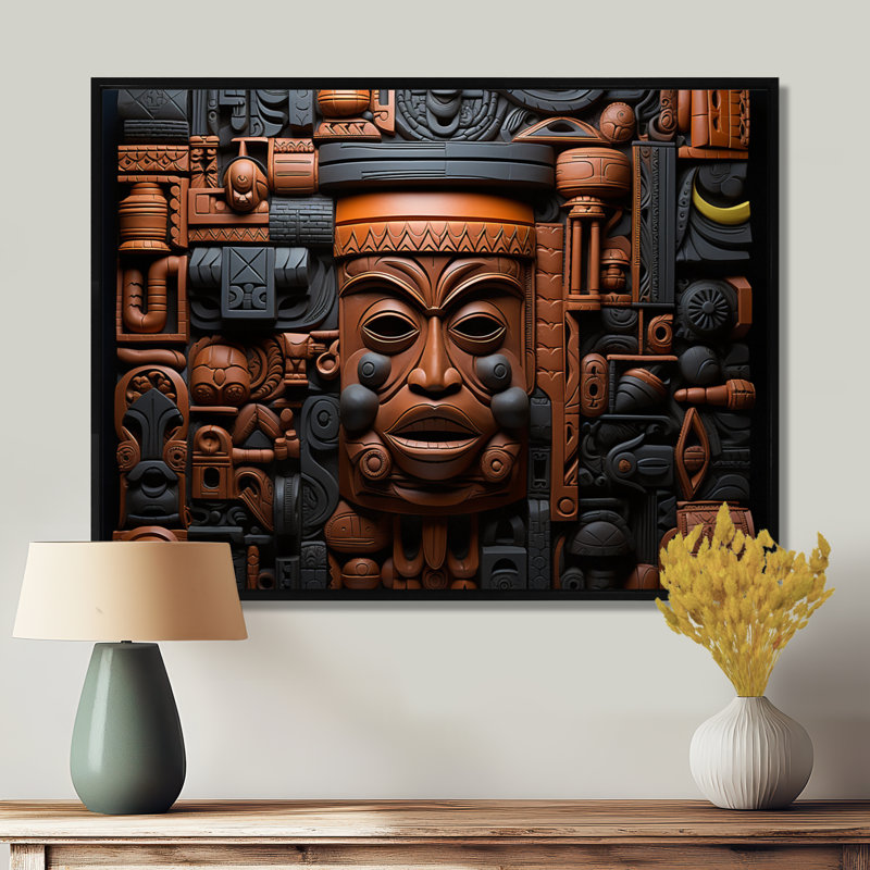 Masque africain brun et noir à motif de Kuba - Masque africain grand art mural, H 16 po x l 32 po x P 1 po