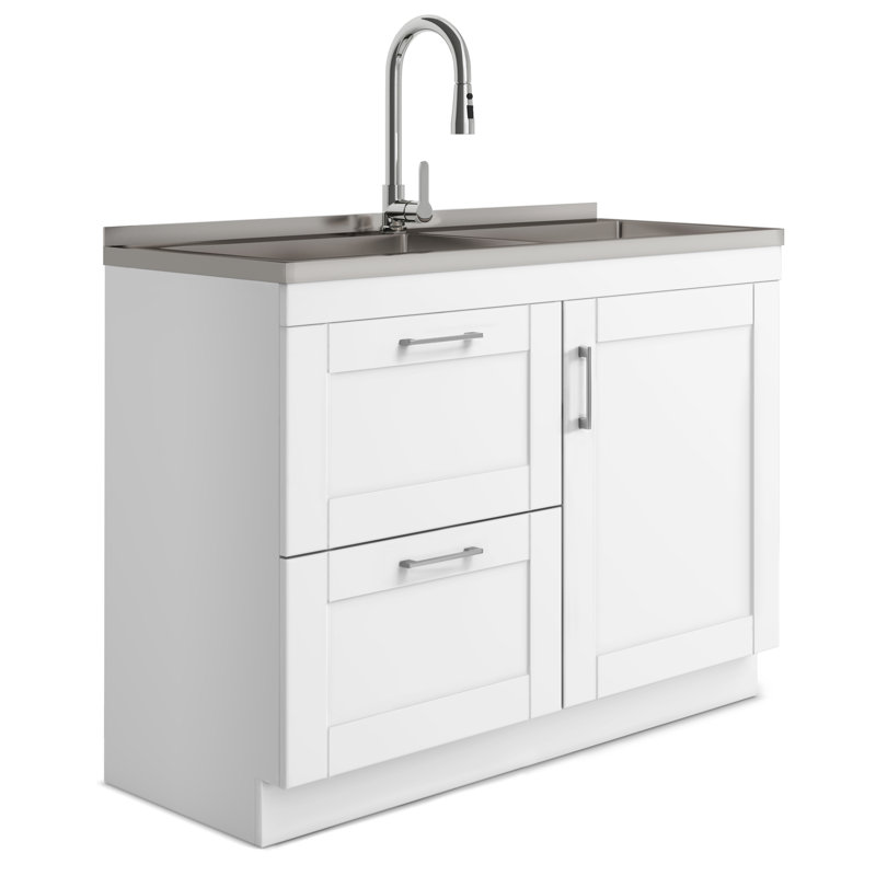 Simpli Home Modern Wide Shaker All-in-One 46-Inch Utility Laundry Sink with Cabinet, Pure White