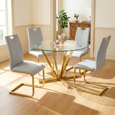 Ensemble de salle à manger 45 pièces 5 pièces, table de salle à manger ronde en verre pour 4 personnes, table en verre trempé avec chaises en cuir synthétique, pour la cuisine, la salle à manger, un appartement