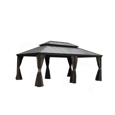 Abri de jardin à toit rigide 14 x 20 pi, abri de jardin permanent en métal avec double toit en acier galvanisé et cadre en aluminium, rideau et filet, grand abri de jardin pour terrasse de jardin