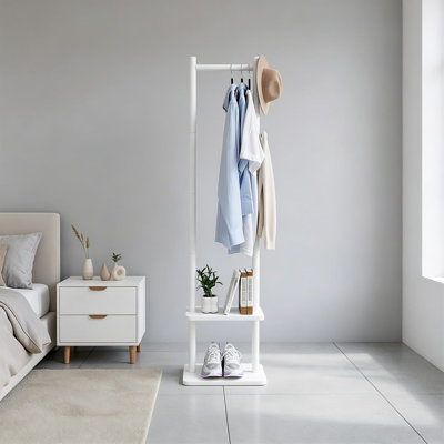 Wooden Coat Rack Stand, Heavy Duty Freestanding Garment Rack with Shelves and Hooks, Entryway Clothes Organizer for Bedroom Living Room Hallway