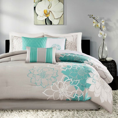 Literie King en coton imprimé - Garnissage, 3 oreillers texturés, jupe de lit à motif floral, couette 200 fils/cm², grands coussins décoratifs à motif floral
