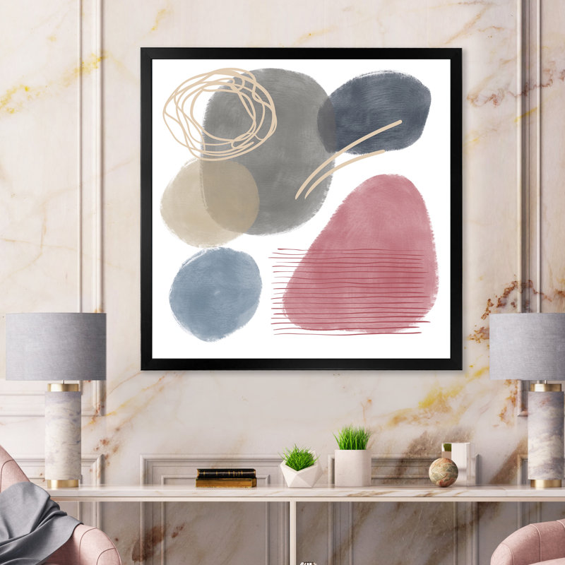 Éléments abstraits rouges, bleus et gris organiques - Peinture sur toile, H 16 po x l 16 po x P 1 po, Cadre noir