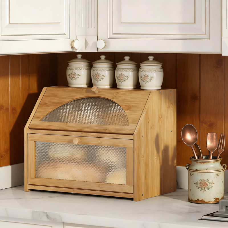 Bamboo Bread Box With Acrylic Diamond Pattern Door, Double-Layer Kitchen Countertop Bread Storage Bin For Freshness And Organization