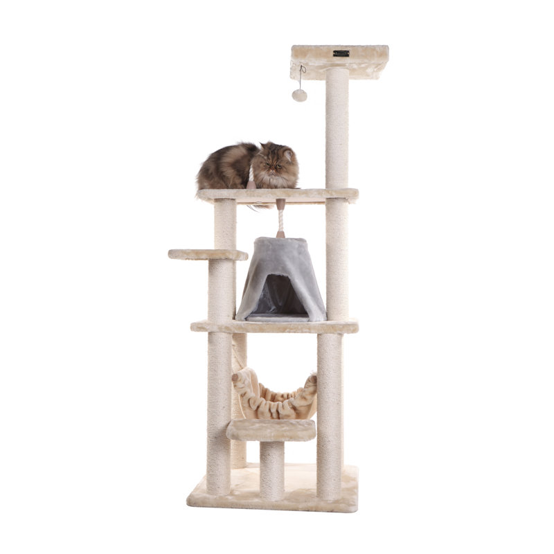 Beige Faux Fur 65'' Cat Tree with Hammock and Condo