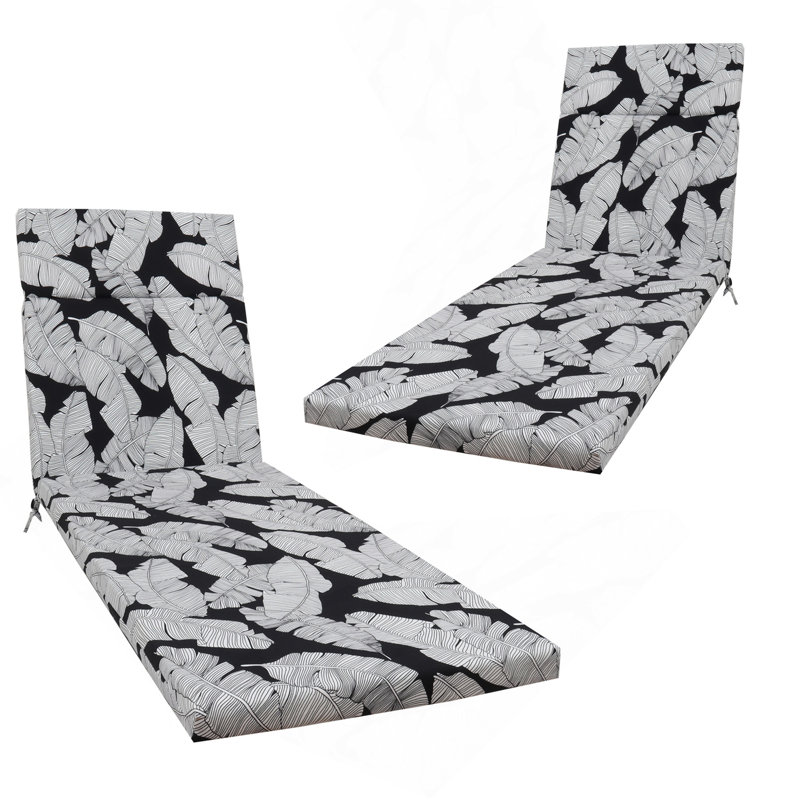 2 Pcs Set Indoor/Outdoor Chaise Lounge Chair Cushion Outdoor Furniture Cushion With Ties, Patio Seat Cushion For Lawn,Pool & Beach,75" X 22.8" X 2" (Black/Leaf)