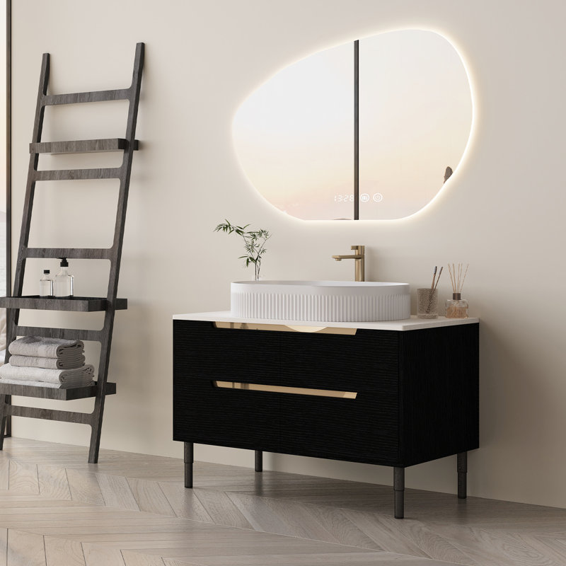Meuble-lavabo contemporain de 36 po, montage 2-en-1, lavabo en céramique et mécanisme de tiroir à fermeture en douceur, meuble-lavabo moderne avec tiroirs silencieux intégrés, pieds en métal réglables pour les surfaces inégales