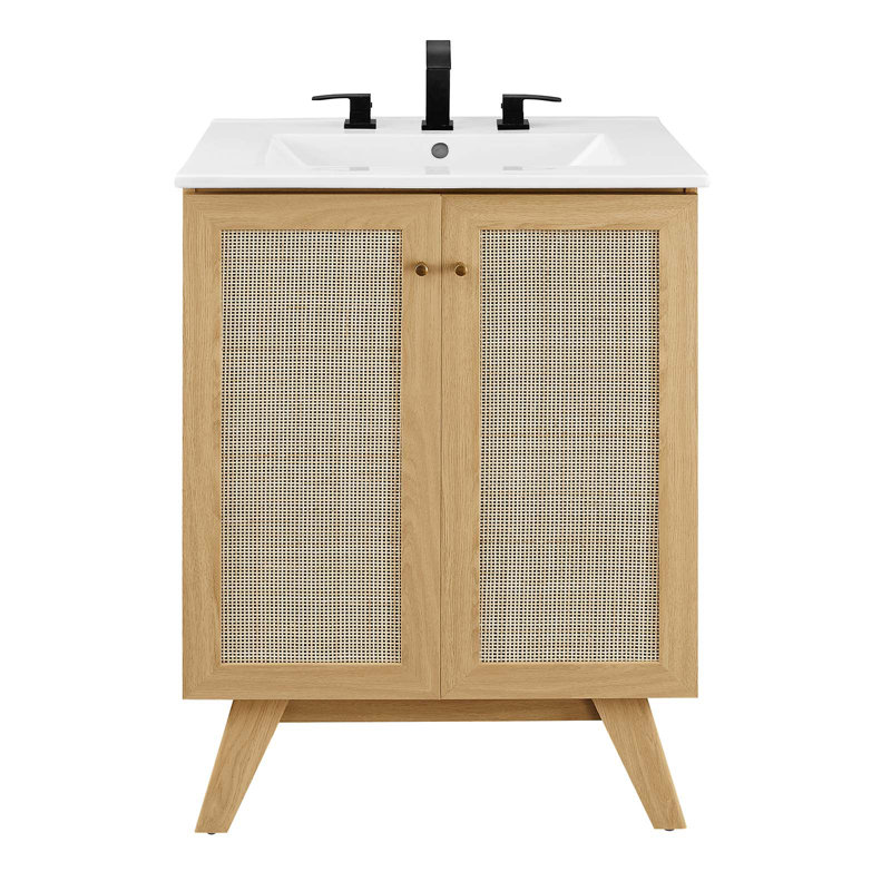 Soma 24" Oak and White Freestanding Bathroom Vanity with Rattan Detail