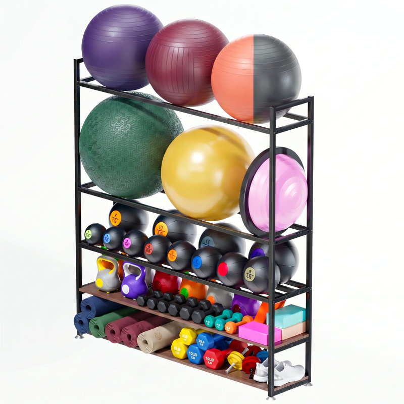5.9FT Home Gym Storage Rack with Medicine Ball Rack & Yoga Ball Holder for 75cm Ball,Heavy Duty Gym Rack Organizer for Garage, Basement,Exercise Ball Storage, Workout Equipment Organizer for Home Gym
