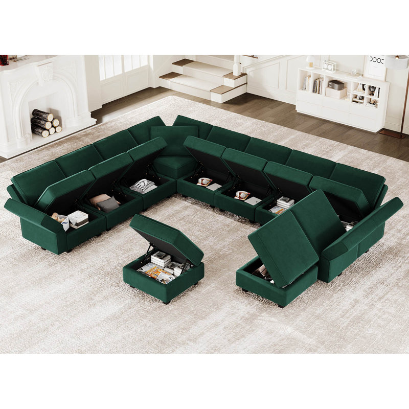 Wylodene 143" Wide U Shaped Velvet Modular Sectional 12-Pieces Storage Sofa Set with Ottoman, Green Velvet