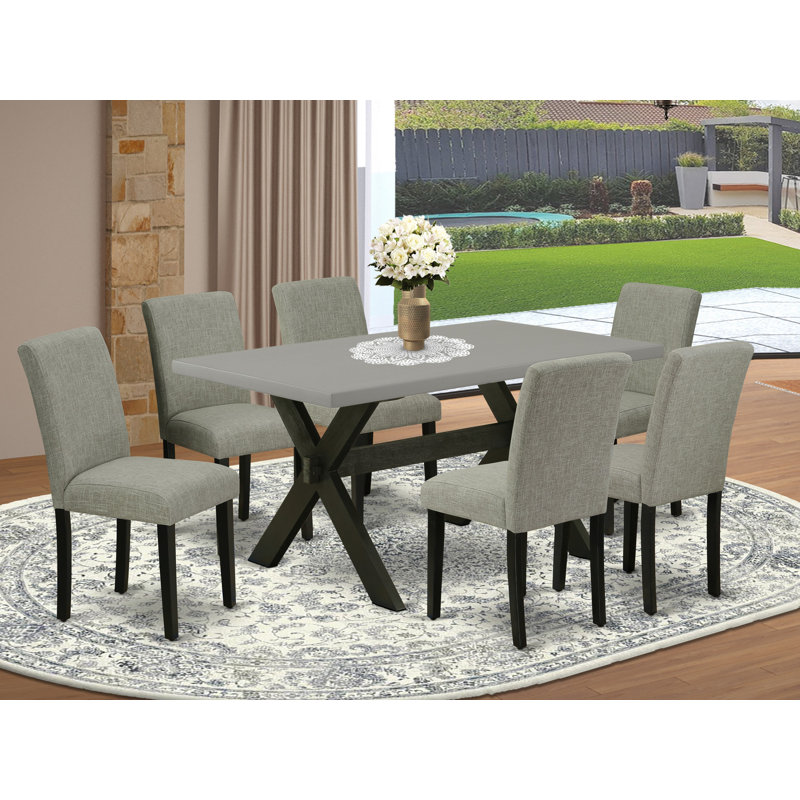 7 Piece Modern Dining Table Set Consist of a Rectangle Wooden Table with X-Legs and 6 Shitake Linen Fabric Upholstered Chairs, Wire brushed Black