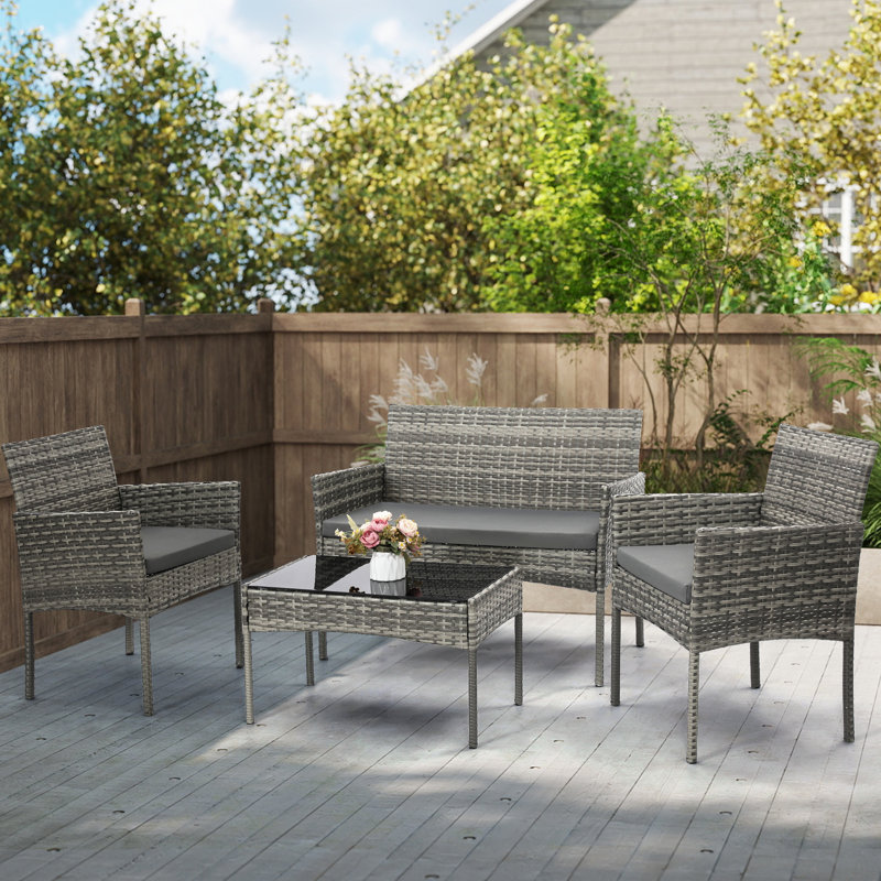 4-Piece Rattan Wicker Patio Furniture Set - Outdoor Conversation Sofa Set with Coffee Table & 2 Chairs