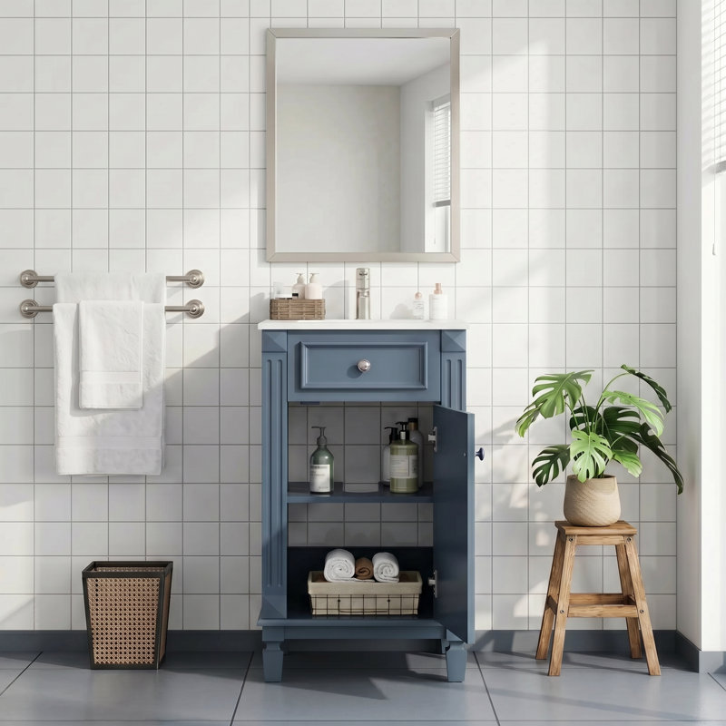 Ensemble de meuble-lavabo autoportant 18 po en bois d'hévéa massif et panneau de fibres à densité moyenne, armoire bleue avec 1 porte à fermeture douce et tablette réglable, lavabo intégré en céramique blanc brillant, quincaillerie d'armoire complète assortie