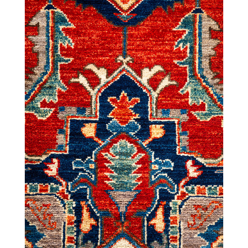 Tapis unique en laine noué à la main 6 pi x 8 pi 7 po nouvel âge Jarnail - rouge / brun / bleu marine