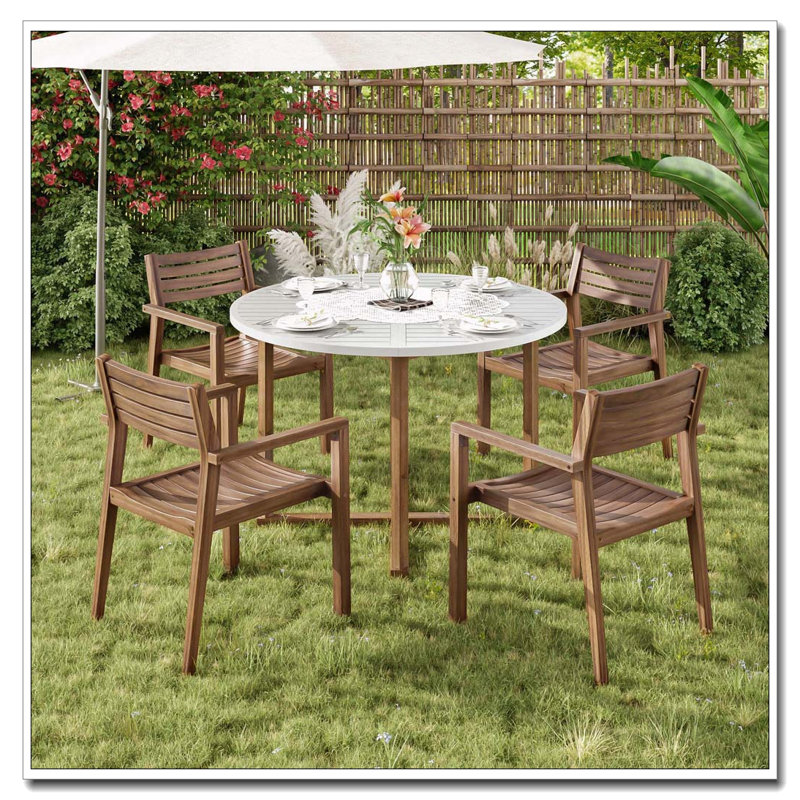 Ensemble de salle à manger 5 pièces rond en bois d'acacia avec design à lattes, Marron clair