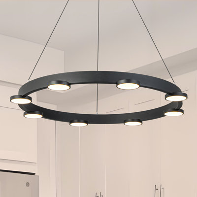 Lustre 8 lumières à DEL à intensité variable moderne en aluminium noir avec abat-jour en acrylique 