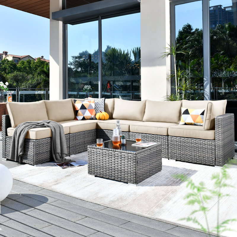 Ensemble de conversation modulaire en rotin 7 pièces avec coussins Lava, Beige
