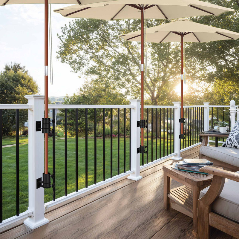 Deck Umbrella Mount Holder Bracket Height Flexible for Patio Railing Balcony Courtyard Poolside Mobile Cart Black Flat