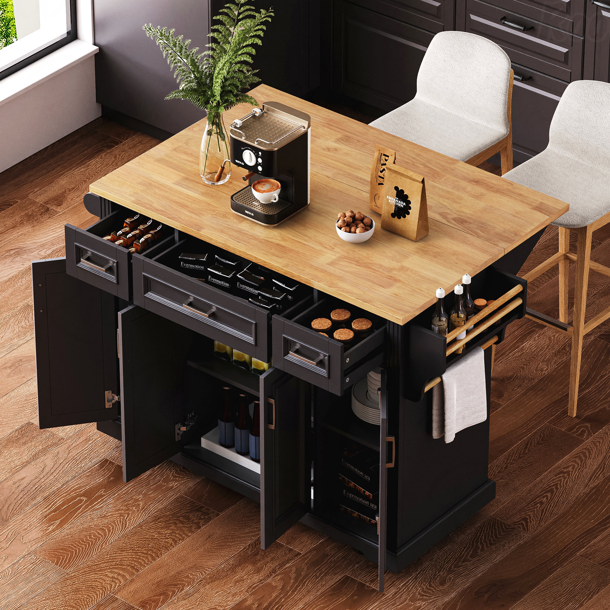Latitude Run® 54Inch Large Kitchen Island With Rubber Wood Drop Leaf ...