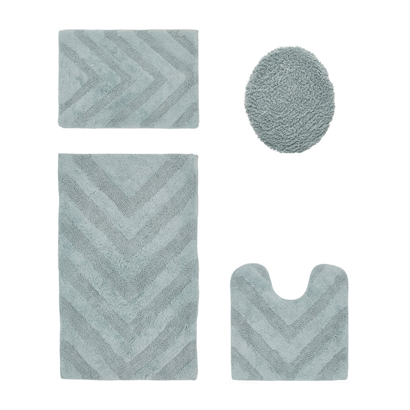 Ensemble de tapis pour salle de bain 100% coton de qualité supérieure Hugo 4 pièces avec envers antidérapant, lavable à la machine, luxueux tapis Chervon à motif super absorbant et touffeté pour la salle de bain, la douche et la baignoire