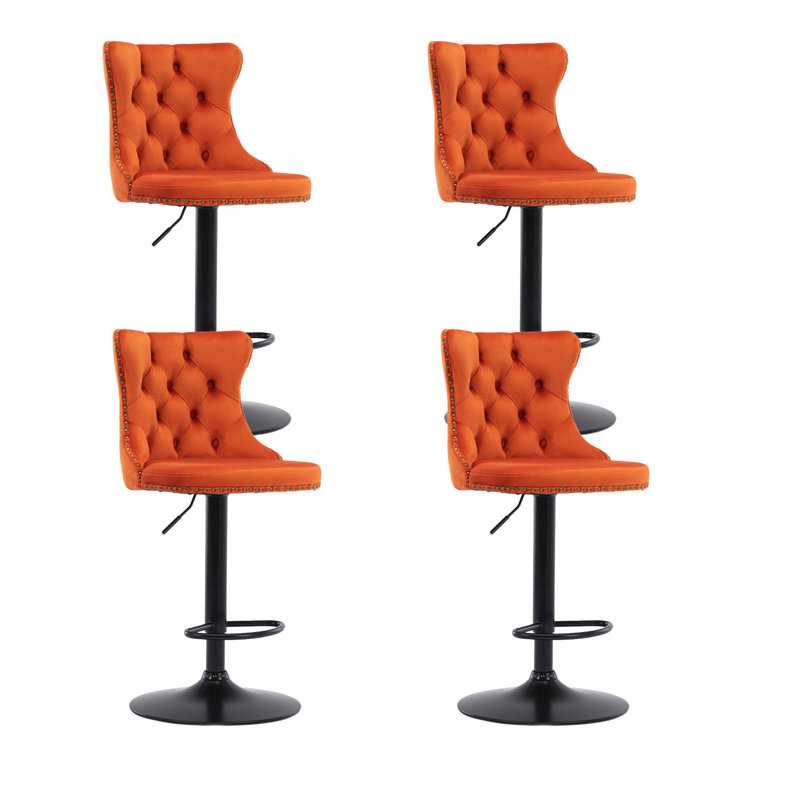 Modern Upholstered Black Swivel Velvet Bar Stools (Set of 4), Orange, 2