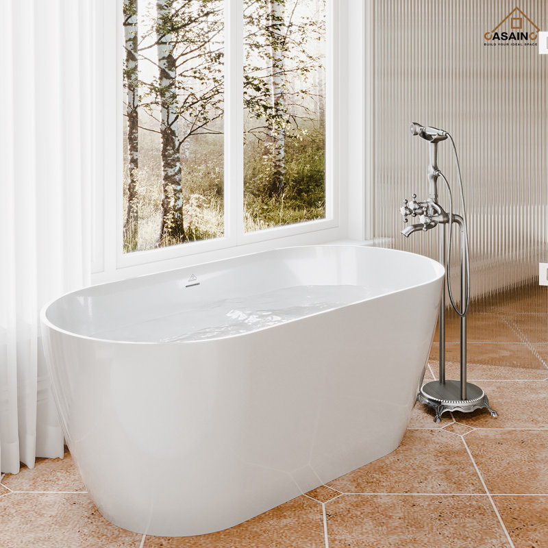 Baignoire de trempage autoportante de 59 po L x 30 po avec robinet, Nickel brossé