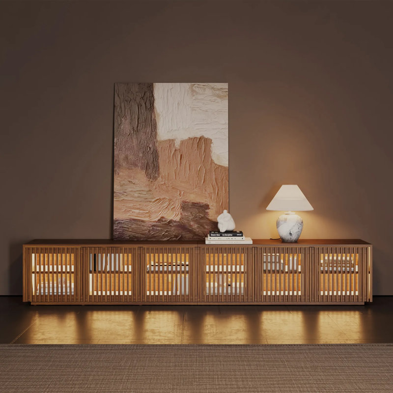 Meuble télé Mid-Century moderne à lattes en bois avec lumières DEL, entièrement assemblé, 16.54"H x 94.5"L x 15.75"W, Brun
