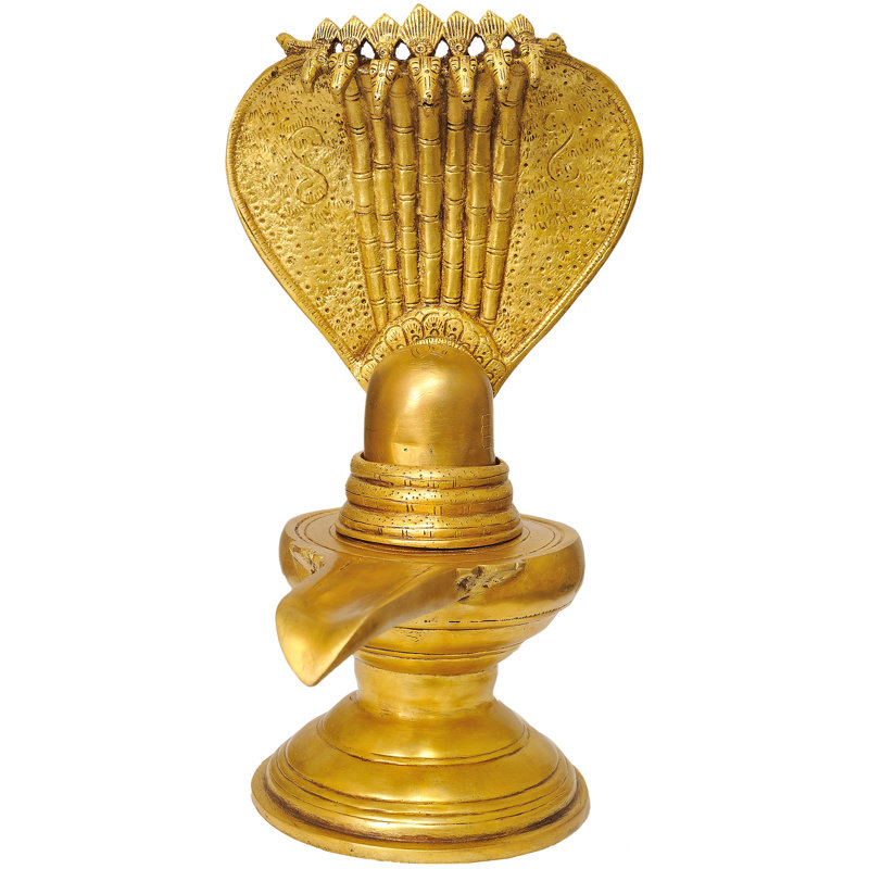 Shiva Linga en laiton fait à la main avec couronne de serpent sacrée 13 po - Naga Lingam