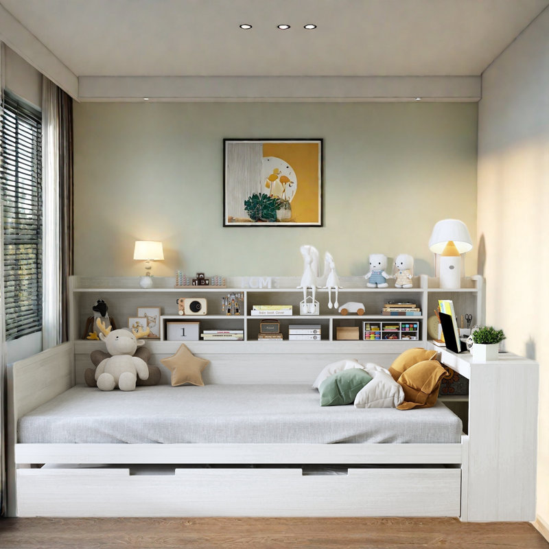 Lit de jour multifonctionnel en bois avec tablettes de rangement, bureau d'étude et lit gigogne, Lit simple, Blanc