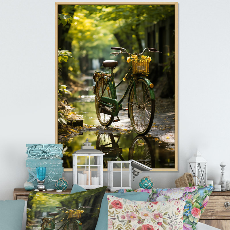 Vélo émeraude sur toile, H 44 po x l 34 po x P 1,5 po, Cadre naturel flottant