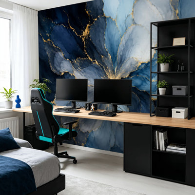Papier peint mural adhésif abstrait à motifs floraux, bleu marine, blanc et or, style moderne, pour chambre ou salon, 254 cm (L) x 366 cm (l).
