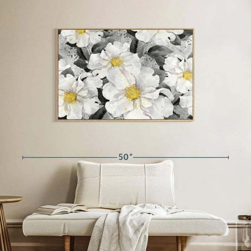 Fleurs blanches gonflées, Cadre flottant en bois naturel, 40 po x 27 po