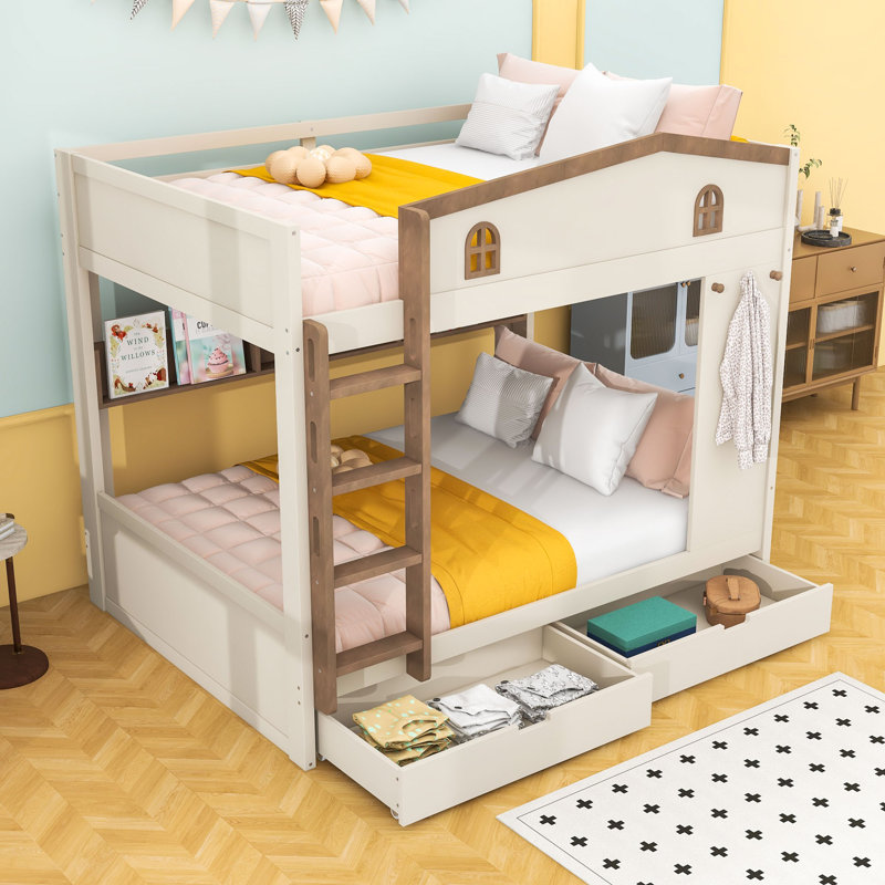Lit superposé en bois avec tiroirs et tablettes de rangement, Beige / Naturel