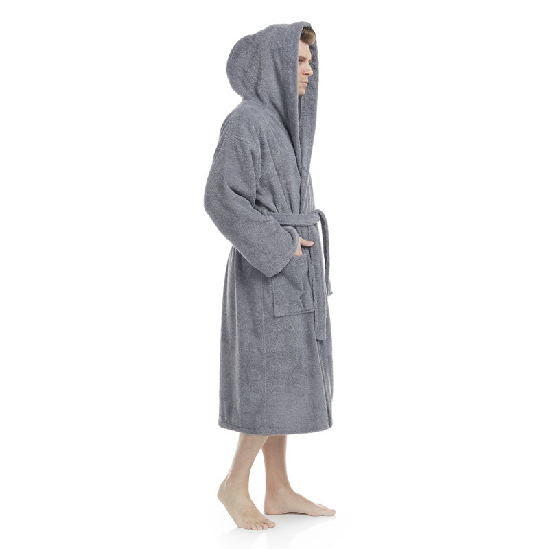 Peignoir mi-mollet 100% coton avec poches et capuche Clyda, Grand / Très grand, Gris