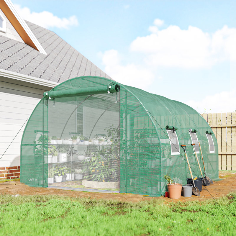10'x11'x6' Walk-in Tunnel Greenhouse with Shelves, Mesh Door and Windows, Hoop House Greenhouse with PE Cover, Outdoor Green House for Patio Lawn Garden, Green