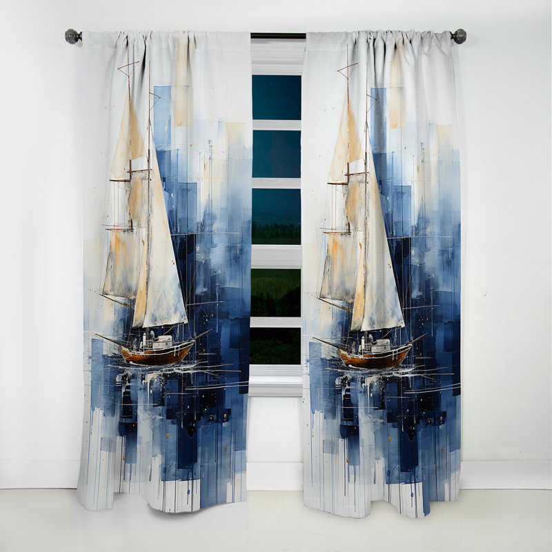 Lachlan Blue And White Nautical Geometry Boat - Nautical Curtain - Velvet Room Darkening - 1 panel, 52" W x 63" L