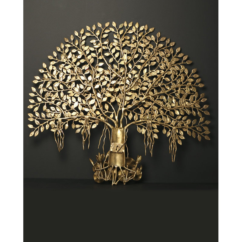 Arbre de vie 29 po mural en laiton avec oiseaux perchés - Sculpture incrustée à la main pour décorer le salon