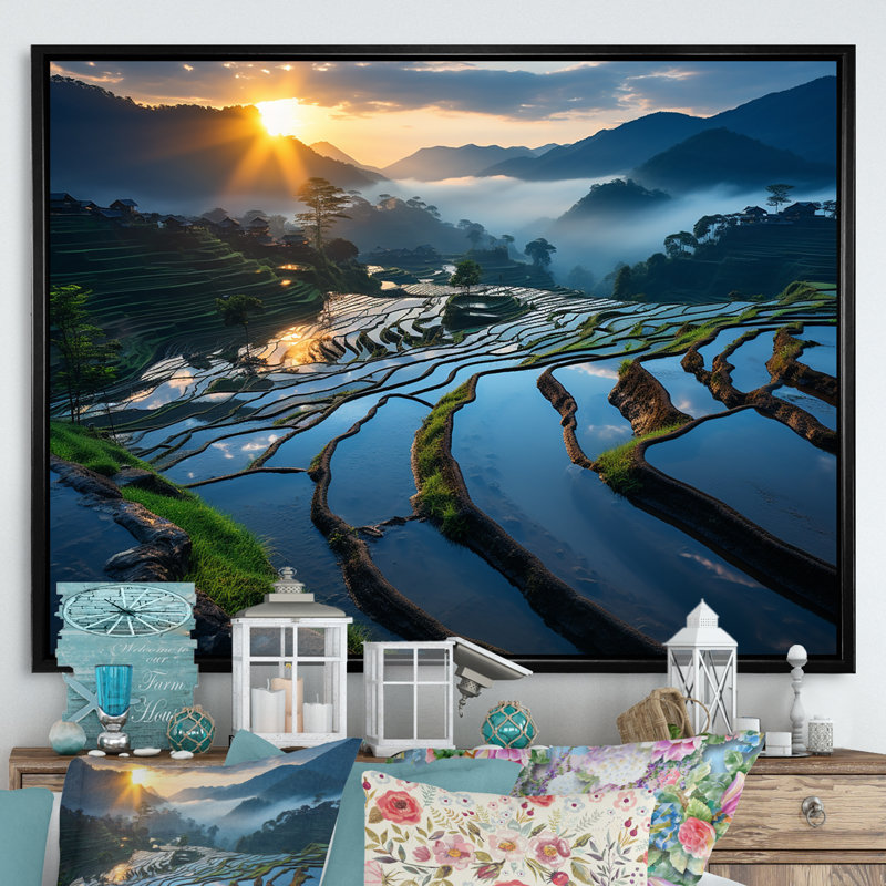 Coucher de soleil sur les champs chatoyants de Chine - art mural Chine, Cadre flottant noir, H 16 po x l 32 po x P 1 po