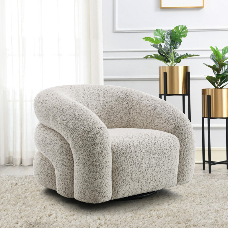 Irma Gray Boucle Swivel Chair with Solid Wood Frame