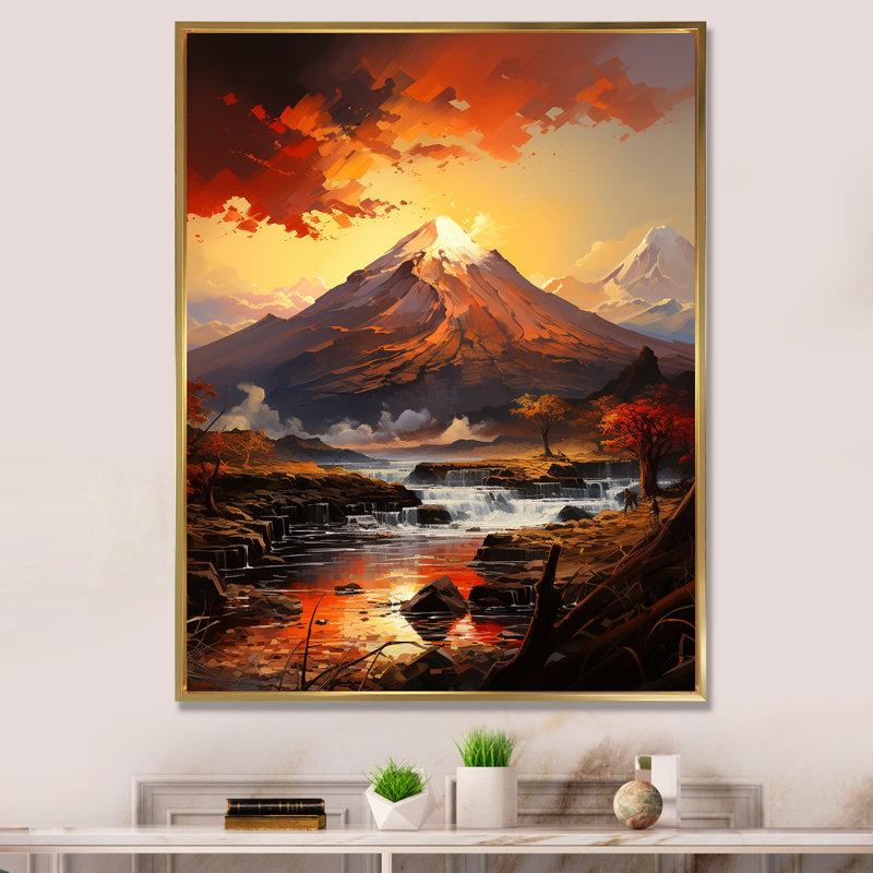 Volcan, croûte volcanique sur toile, Cadre flottant doré, H 44 po x l 34 po