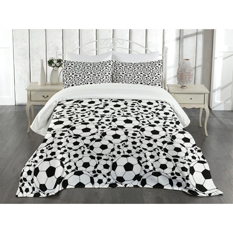 Soccer Theme Black and White Quilted Queen Bedspread Set