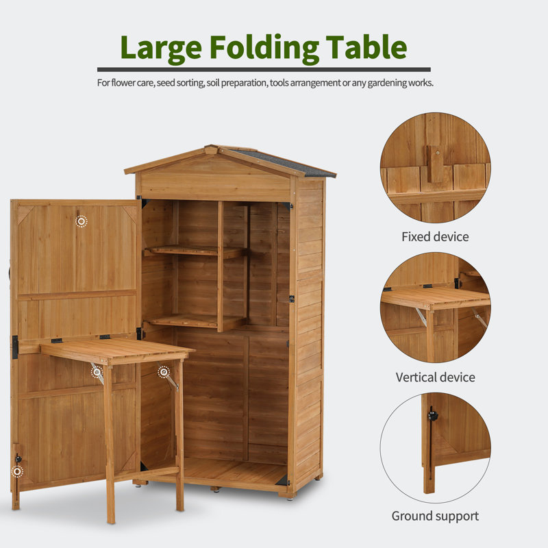Natural Fir Wood Lockable Outdoor Storage Shed with Folding Table