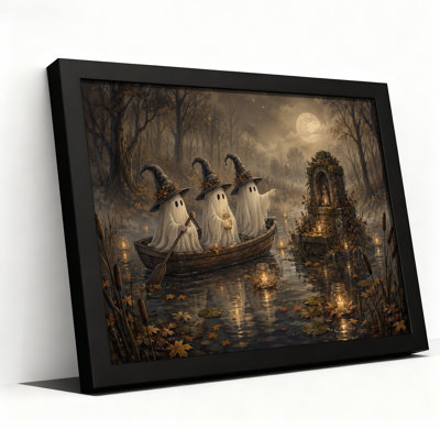 Ghost Witches Rowing Boat Through Moonlit Swamp Halloween Canvas Wall Art