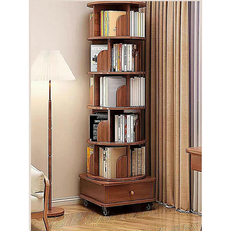 (UPGRADED) Rotating Bookshelf, 360 Display Corner Bookshelf for Small Space, 6 Tier Bookcase Storage Rack with Wheels, Wood Narrow Organizer