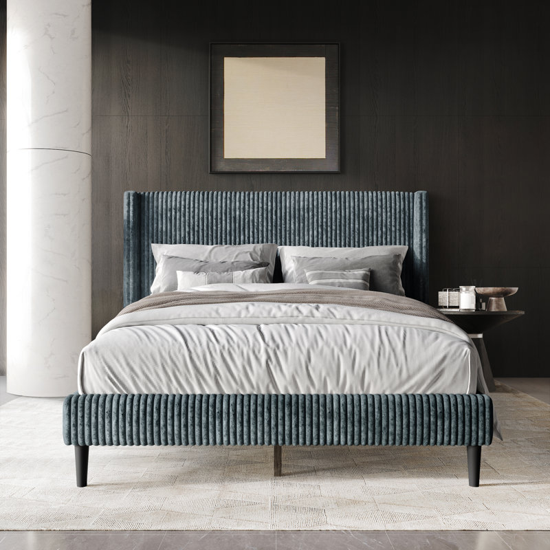 Contemporary Wingback Platform Bed, Full, Light Blue