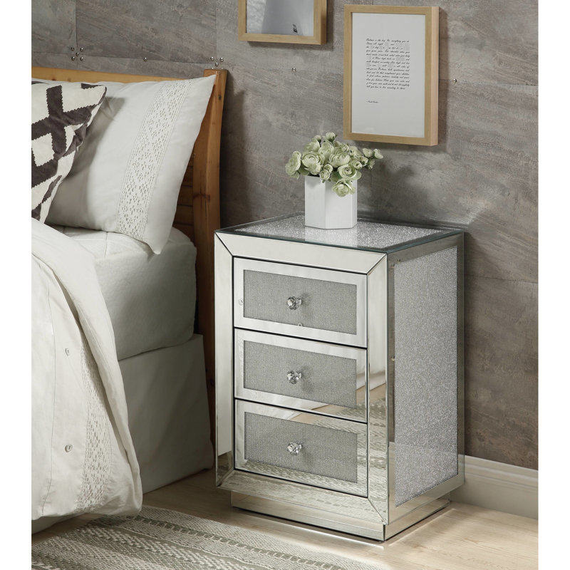 Table d'appoint en miroir avec garniture de faux diamants - Rectangulaire, rangement pratique décoré contemporain